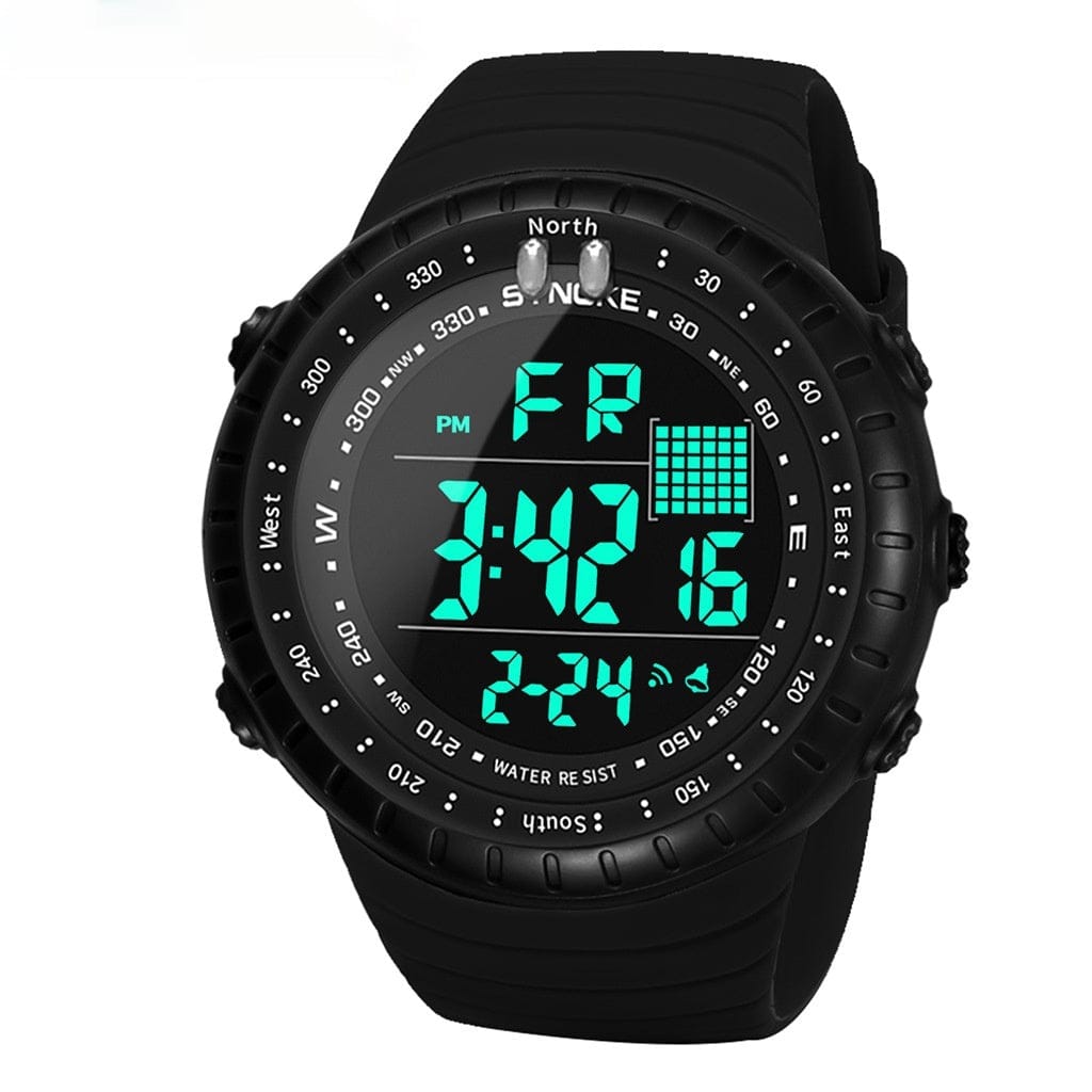A black digital sports watch with a circular bezel marked with compass directions, featuring a glowing cyan digital display showing the time, date, and day of the week on a matching silicone strap.