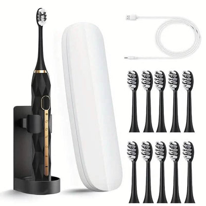 Waterproof USB Rechargeable Electric Toothbrush with 10 Replaceable Toothbrush Heads, Charger and Case - A-1 Thread Vault
