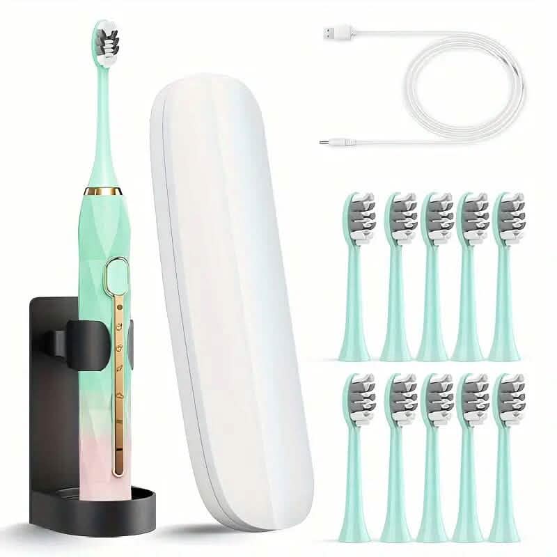 Waterproof USB Rechargeable Electric Toothbrush with 10 Replaceable Toothbrush Heads, Charger and Case - A-1 Thread Vault