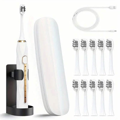 Waterproof USB Rechargeable Electric Toothbrush with 10 Replaceable Toothbrush Heads, Charger and Case - A-1 Thread Vault