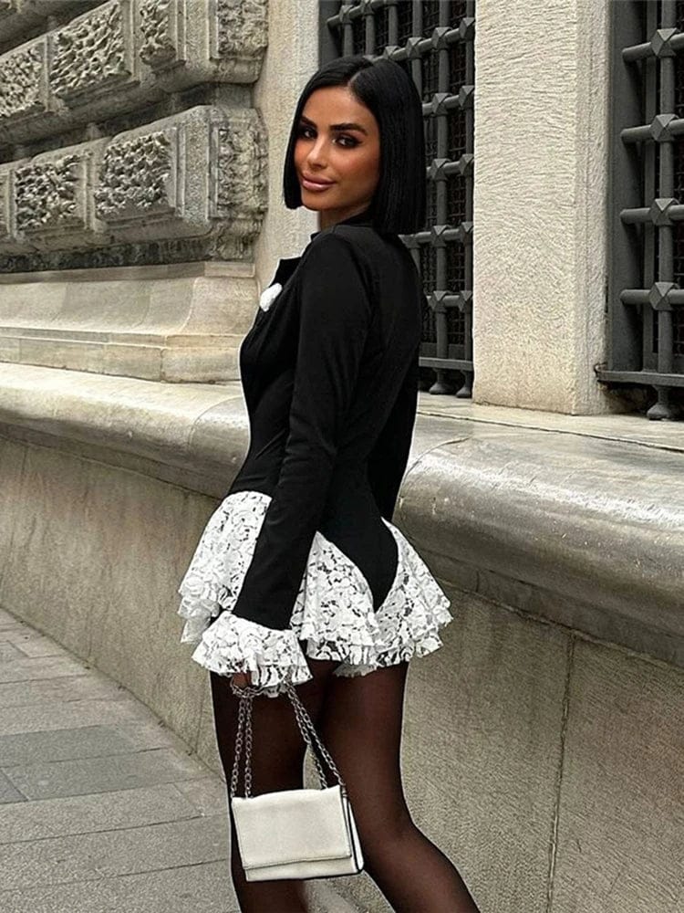 Weird Puss Sexy Ruffle Bodysuit Women Jacquard Deep V-Neck Lapel Tierred Patchwork Full Sleeve Elegant Stretch Skinny Clubwear - A-1 Thread Vault