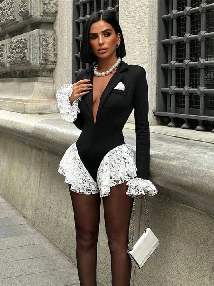 Weird Puss Sexy Ruffle Bodysuit Women Jacquard Deep V-Neck Lapel Tierred Patchwork Full Sleeve Elegant Stretch Skinny Clubwear - A-1 Thread Vault