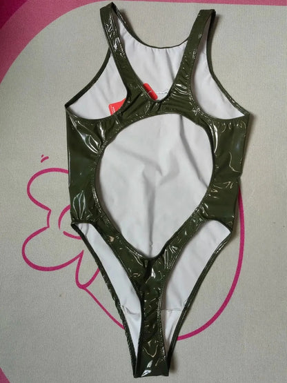 Wet Look PVC Catsuit Swimsuit Backless Shiny PU Leather Bodysuit High Cut Sukumizu Tights Hot Sexy Body Teddies Leotard Swimwear - A-1 Thread Vault