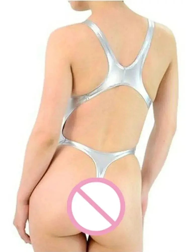 Wet Look PVC Catsuit Swimsuit Backless Shiny PU Leather Bodysuit High Cut Sukumizu Tights Hot Sexy Body Teddies Leotard Swimwear - A-1 Thread Vault