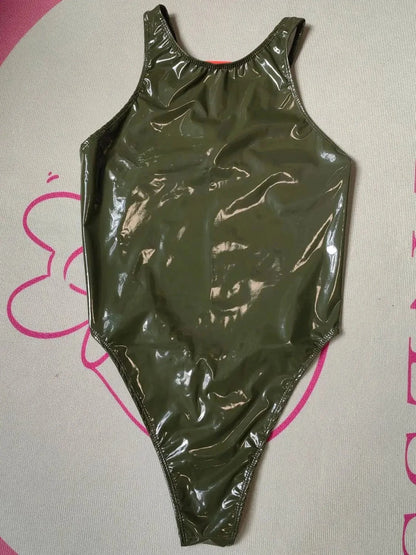 Wet Look PVC Catsuit Swimsuit Backless Shiny PU Leather Bodysuit High Cut Sukumizu Tights Hot Sexy Body Teddies Leotard Swimwear - A-1 Thread Vault