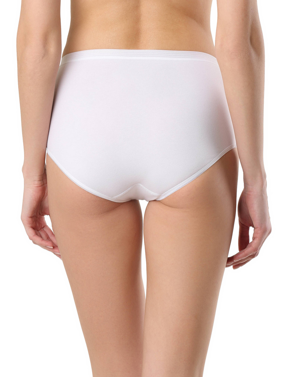 White high-waisted briefs seen from behind, featuring full coverage and a ribbed elastic waistband.