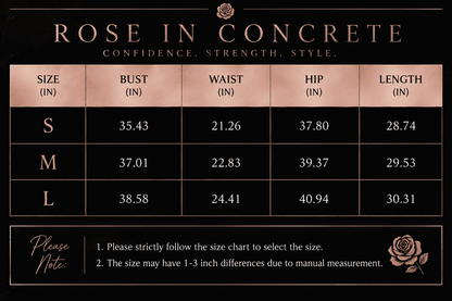 A size chart for clothing displays bust, waist, hip, and length measurements in inches for small, medium, and large sizes in a table with a rose gold background.