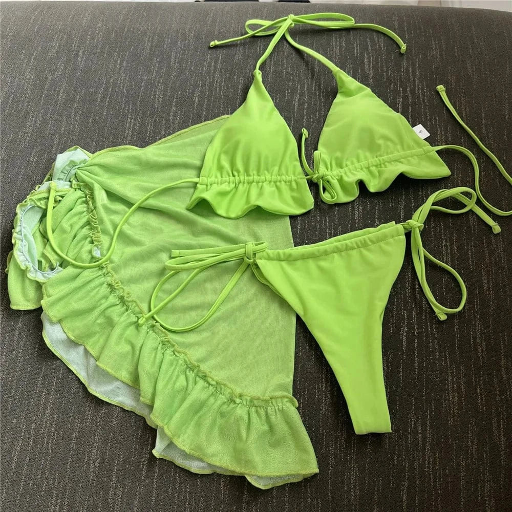 White Mesh Cover Up Swimwear String Halter 3 Piece Bikini Set Micro Thong Swimsuit Beachwear Ruffled Triangle Bikinis 2026 Mujer - A-1 Thread Vault