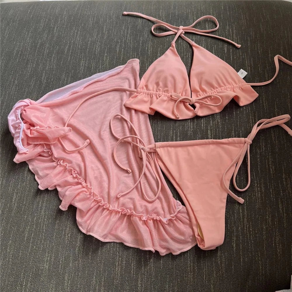 White Mesh Cover Up Swimwear String Halter 3 Piece Bikini Set Micro Thong Swimsuit Beachwear Ruffled Triangle Bikinis 2026 Mujer - A-1 Thread Vault
