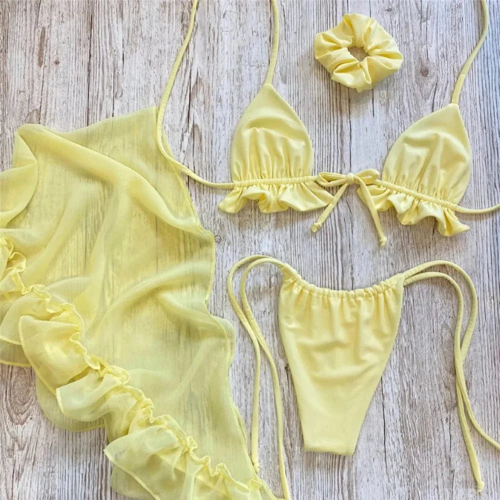 White Mesh Cover Up Swimwear String Halter 3 Piece Bikini Set Micro Thong Swimsuit Beachwear Ruffled Triangle Bikinis 2026 Mujer - A-1 Thread Vault
