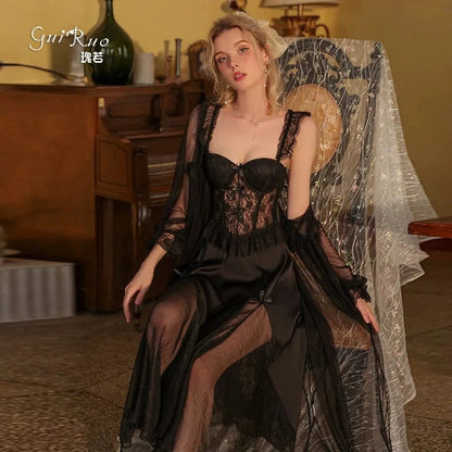 White Perspective Female Robe Set Lace Kimono Nightdress Sleepwear Summer Bathrobe Nightgown Suit Women Mesh Home Wear Clothing - A-1 Thread Vault