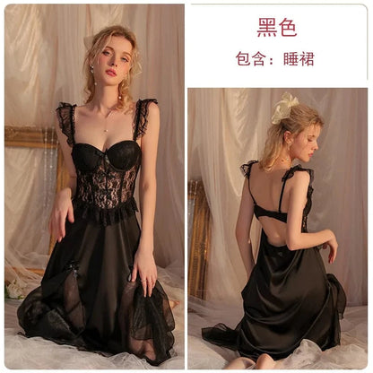 White Perspective Female Robe Set Lace Kimono Nightdress Sleepwear Summer Bathrobe Nightgown Suit Women Mesh Home Wear Clothing - A-1 Thread Vault