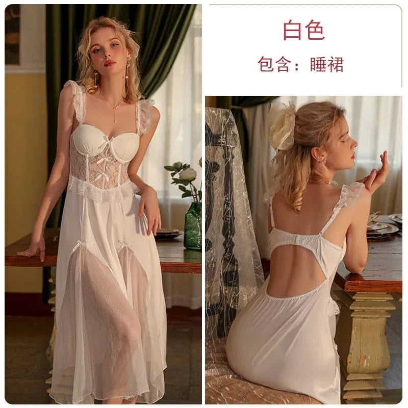 White Perspective Female Robe Set Lace Kimono Nightdress Sleepwear Summer Bathrobe Nightgown Suit Women Mesh Home Wear Clothing - A-1 Thread Vault