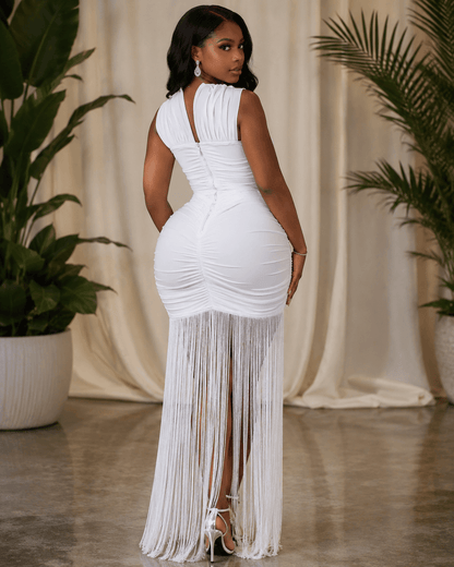 White Ruched Halter Cutout Fringe Maxi Dress - A-1 Thread Vault