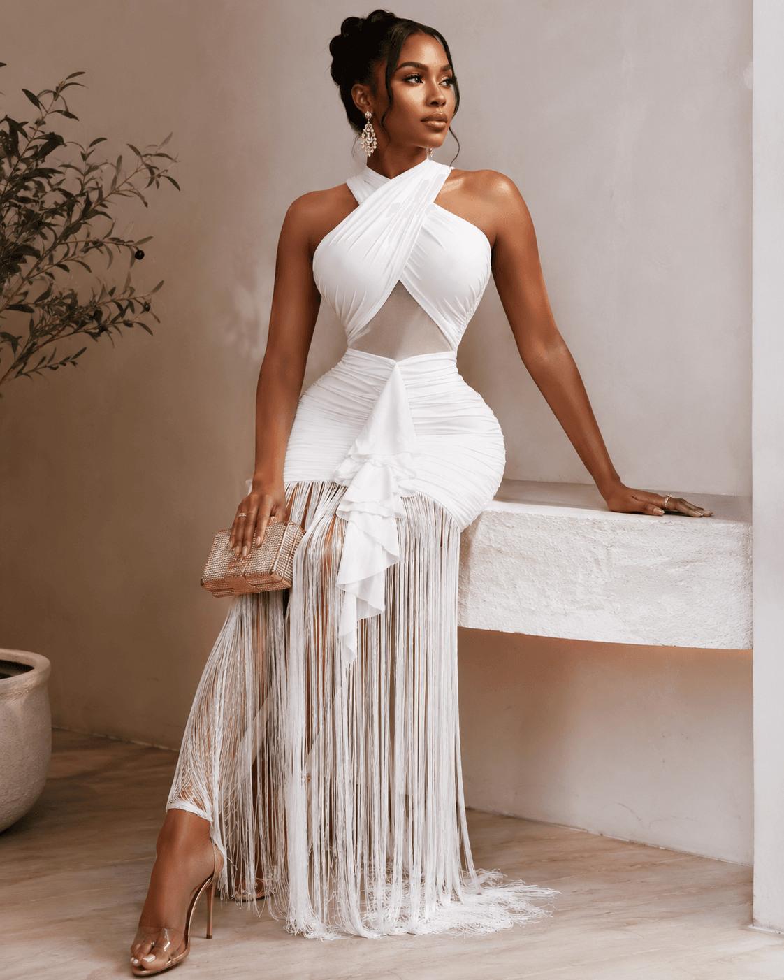 White Ruched Halter Cutout Fringe Maxi Dress - A-1 Thread Vault