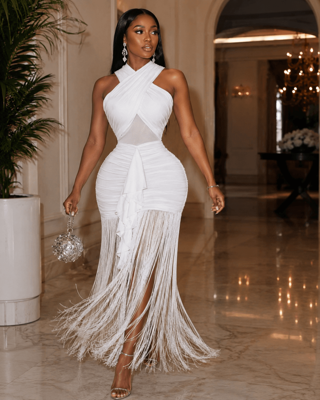White Ruched Halter Cutout Fringe Maxi Dress - A-1 Thread Vault
