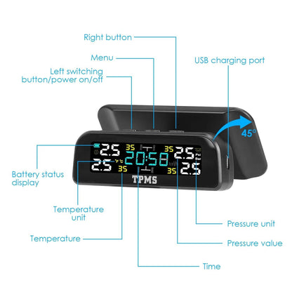 Wireless Solar Car Tire Pressure Monitoring System Auto Tire Pressure with Sensors Temperature Alarm - A-1 Thread Vault
