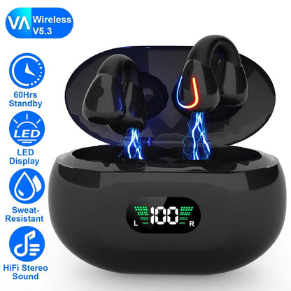 Wireless v5.3 Earbuds Clip-on Open TWS Earphones with Built-in Mic LED Charging Display Case - A-1 Thread Vault