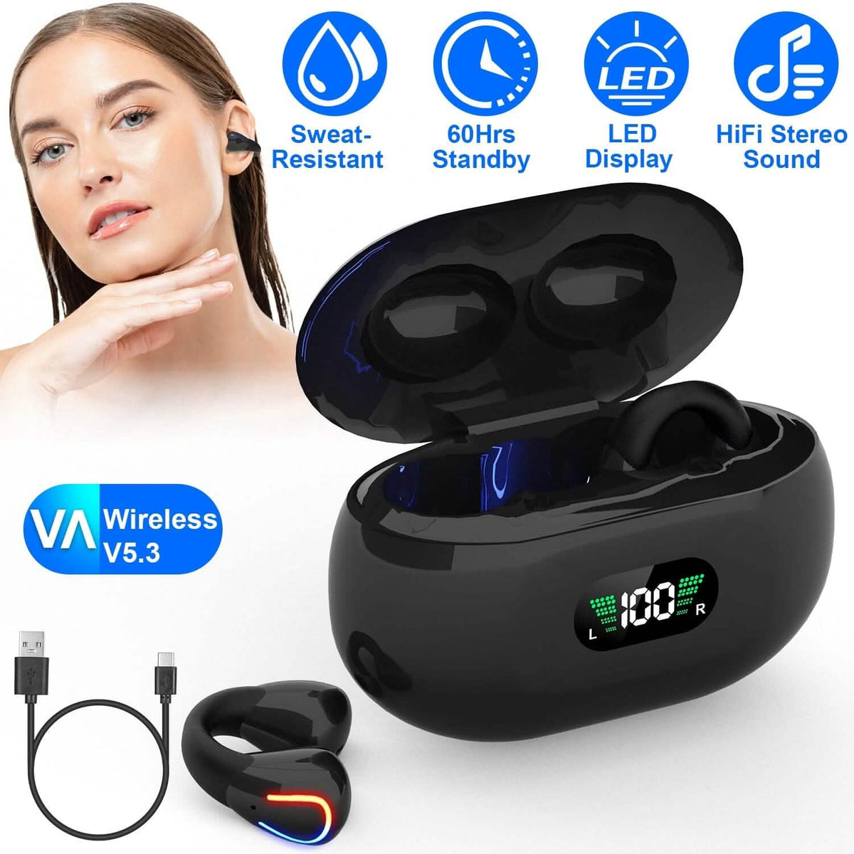 Wireless v5.3 Earbuds Clip-on Open TWS Earphones with Built-in Mic LED Charging Display Case - A-1 Thread Vault