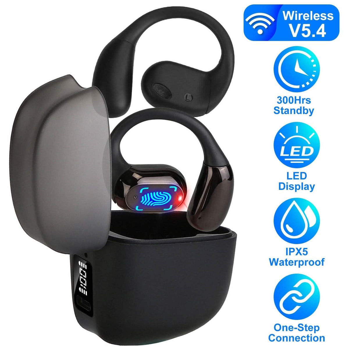 Wireless V5.4 Open Ear Earbuds with Earhook LED Display Charging Case - A-1 Thread Vault
