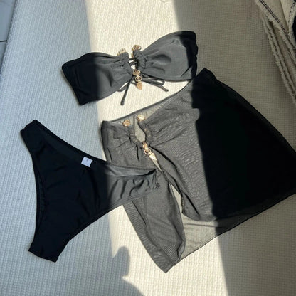 With Mesh Skirt Bandeau Bikini Women Swimwear Female Swimsuit Three-pieces Bikini Set Metal Ring Bathing Suit Swim Beachwear - A-1 Thread Vault