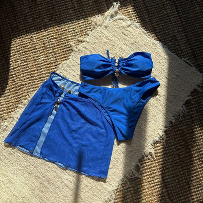 With Mesh Skirt Bandeau Bikini Women Swimwear Female Swimsuit Three-pieces Bikini Set Metal Ring Bathing Suit Swim Beachwear - A-1 Thread Vault