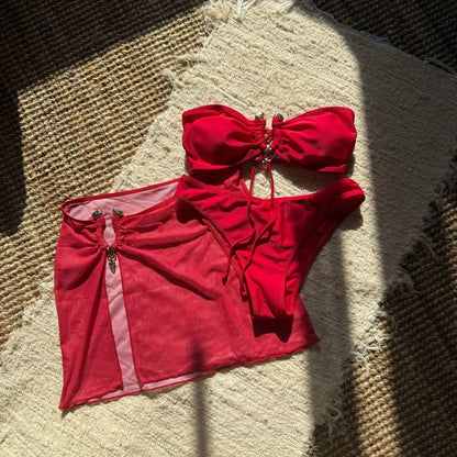 With Mesh Skirt Bandeau Bikini Women Swimwear Female Swimsuit Three-pieces Bikini Set Metal Ring Bathing Suit Swim Beachwear - A-1 Thread Vault
