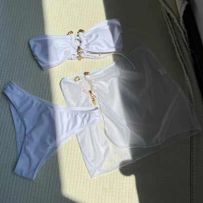 With Mesh Skirt Bandeau Bikini Women Swimwear Female Swimsuit Three-pieces Bikini Set Metal Ring Bathing Suit Swim Beachwear - A-1 Thread Vault