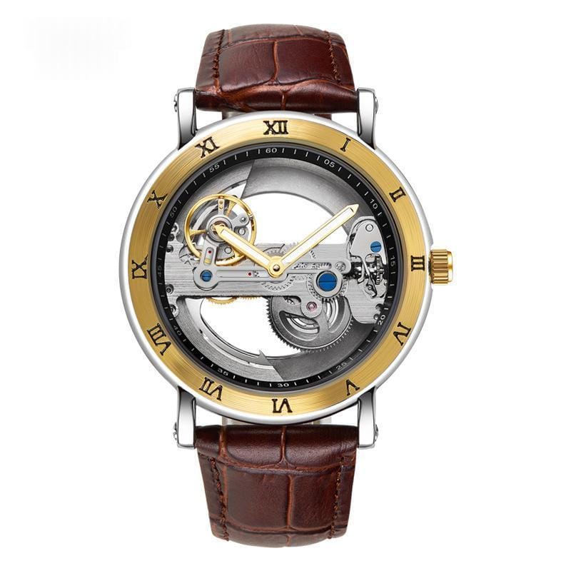 Wolishi Mens Mechanical Watch Leather Strap Waterproof Open-work Design - A-1 Thread Vault