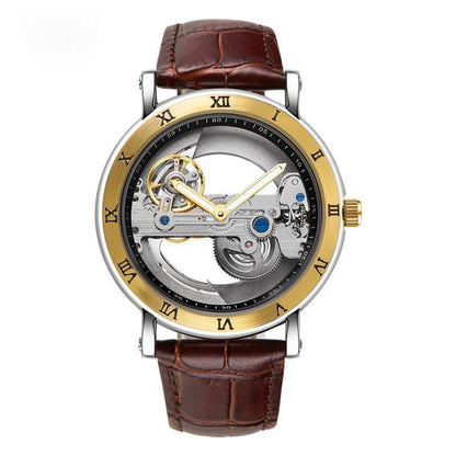 Wolishi Mens Mechanical Watch Leather Strap Waterproof Open-work Design - A-1 Thread Vault