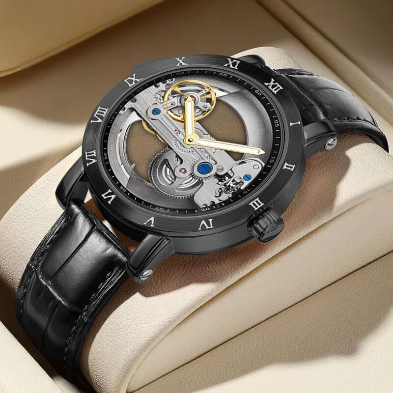 Wolishi Mens Mechanical Watch Leather Strap Waterproof Open-work Design - A-1 Thread Vault