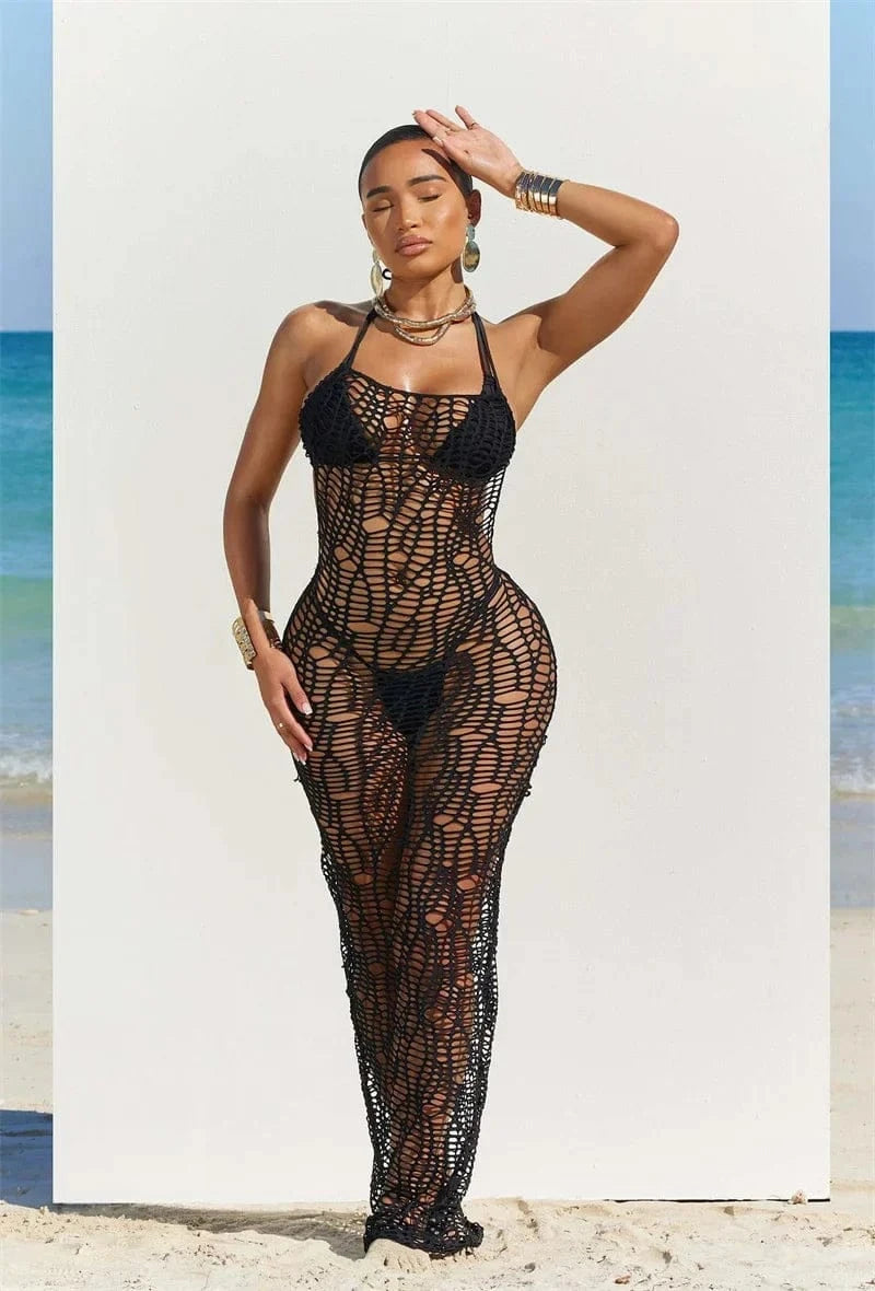 Women 3 Pieces Sexy Beach Bikini Set Backless Hollow Out Hole Knit Long Dress Cover Up+Lace Up Halter Bra Top+Underwear Swimsuit - A-1 Thread Vault