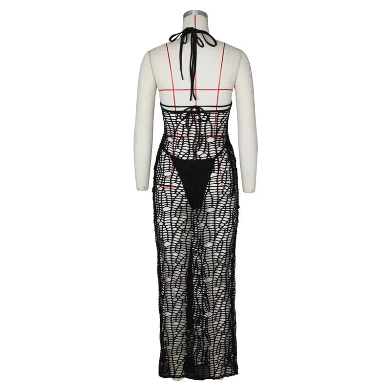 Women 3 Pieces Sexy Beach Bikini Set Backless Hollow Out Hole Knit Long Dress Cover Up+Lace Up Halter Bra Top+Underwear Swimsuit - A-1 Thread Vault