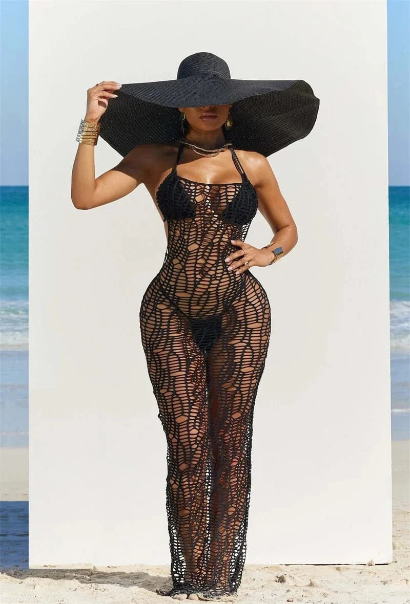 Women 3 Pieces Sexy Beach Bikini Set Backless Hollow Out Hole Knit Long Dress Cover Up+Lace Up Halter Bra Top+Underwear Swimsuit - A-1 Thread Vault