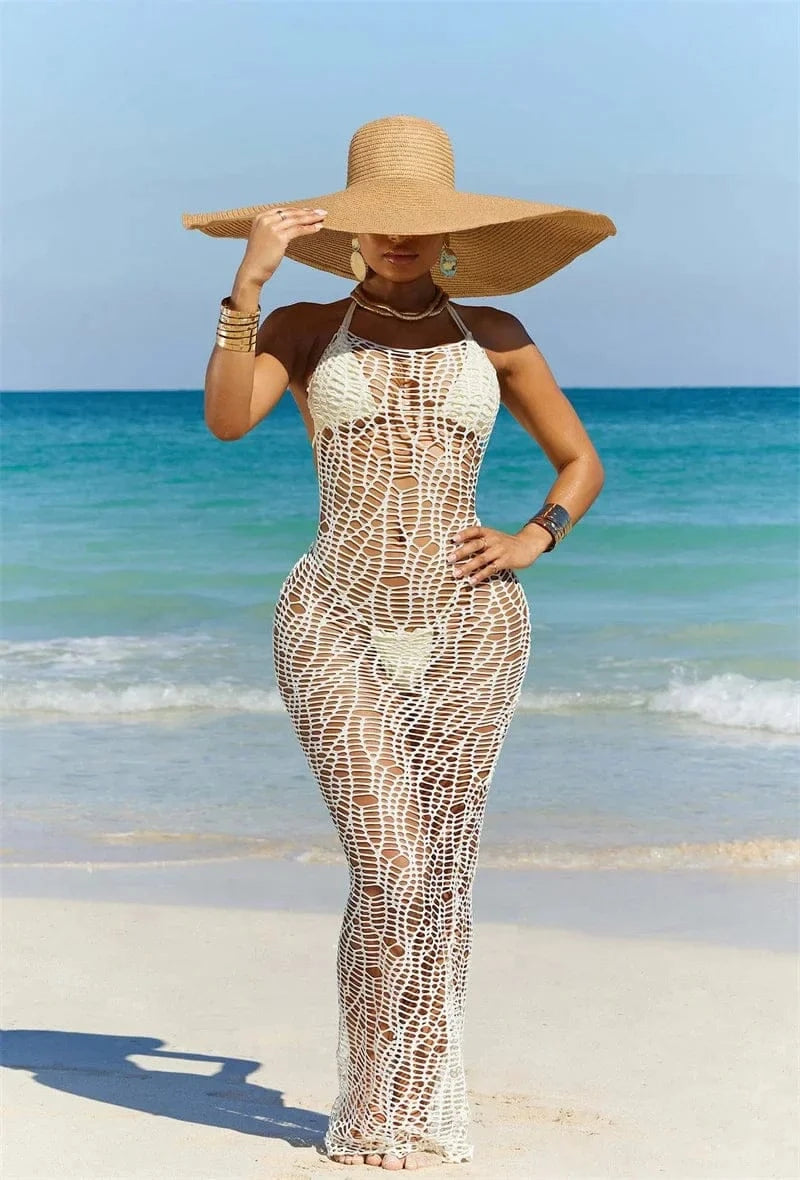 Women 3 Pieces Sexy Beach Bikini Set Backless Hollow Out Hole Knit Long Dress Cover Up+Lace Up Halter Bra Top+Underwear Swimsuit - A-1 Thread Vault