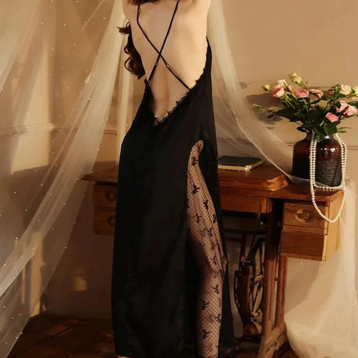 Women Backless Kimono Dressing Gown Sexy Perspective Nightgown Satin Sleepdress Lace Patchwork Nightwear Ultra Long Loungewear - A-1 Thread Vault