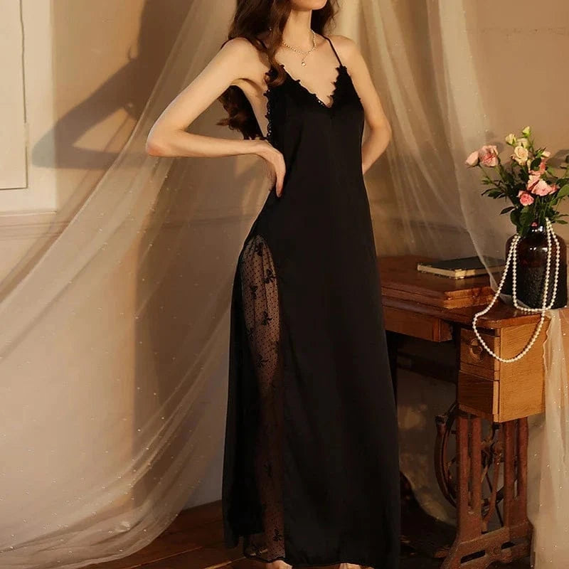 Women Backless Kimono Dressing Gown Sexy Perspective Nightgown Satin Sleepdress Lace Patchwork Nightwear Ultra Long Loungewear - A-1 Thread Vault