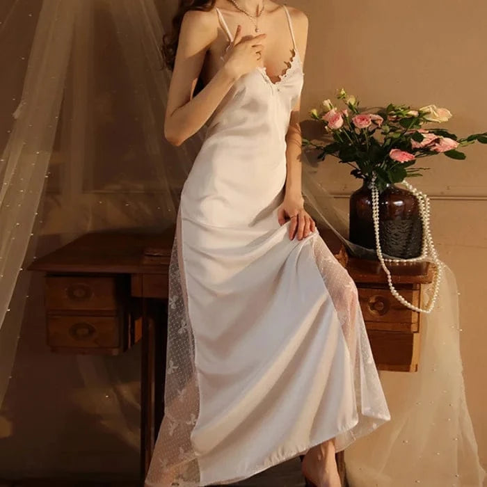 Women Backless Kimono Dressing Gown Sexy Perspective Nightgown Satin Sleepdress Lace Patchwork Nightwear Ultra Long Loungewear - A-1 Thread Vault