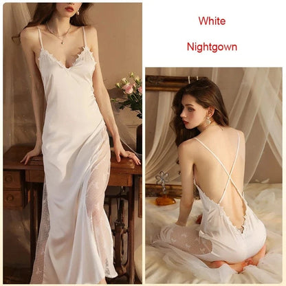 Women Backless Kimono Dressing Gown Sexy Perspective Nightgown Satin Sleepdress Lace Patchwork Nightwear Ultra Long Loungewear - A-1 Thread Vault