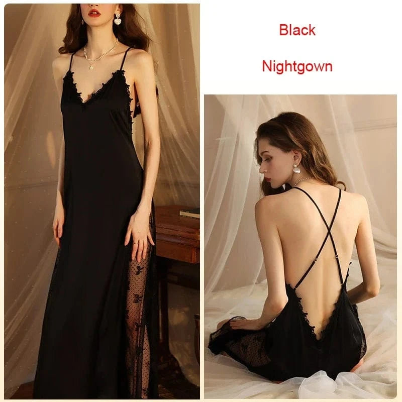Women Backless Kimono Dressing Gown Sexy Perspective Nightgown Satin Sleepdress Lace Patchwork Nightwear Ultra Long Loungewear - A-1 Thread Vault