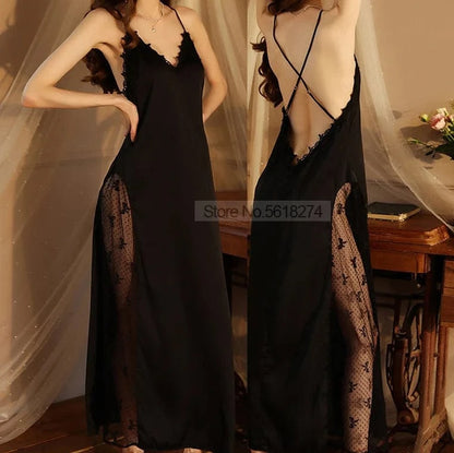 Women Backless Kimono Dressing Gown Sexy Perspective Nightgown Satin Sleepdress Lace Patchwork Nightwear Ultra Long Loungewear - A-1 Thread Vault