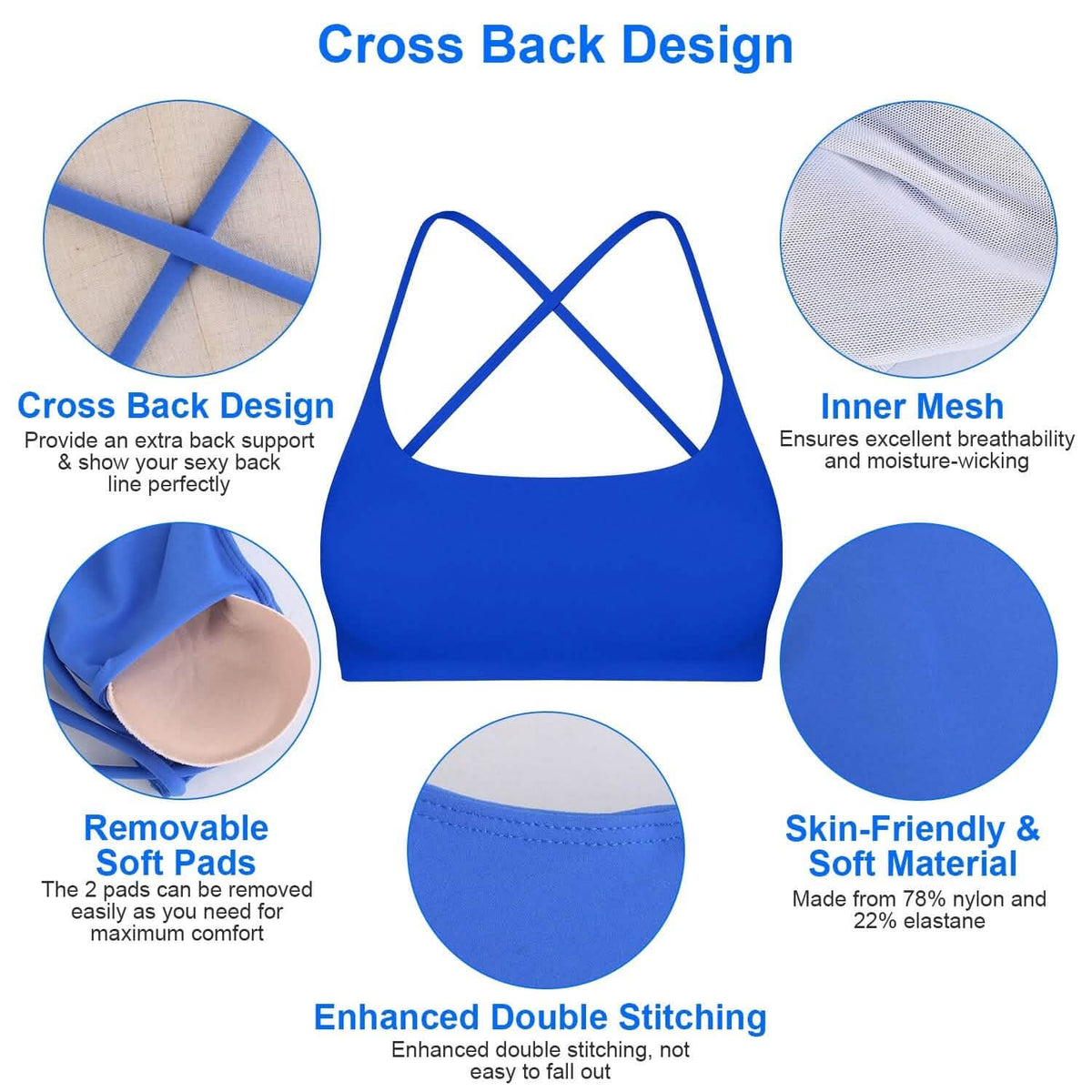 Women Cross Back Sport Bras Padded with Removable Pads Thin Straps - A-1 Thread Vault