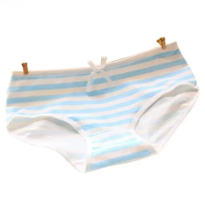 Blue and white horizontally striped panties featuring a small white center bow on the waistband.