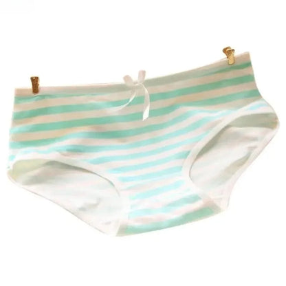 A pair of light blue and white striped bikini-style panties with a small white bow centered on the waistband.