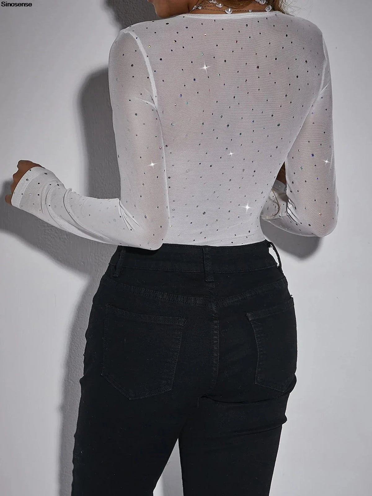 Women Elegant Black Sequin Mesh Bodysuit Long Sleeve Sweatheart Neck Sheer Corset Bodysuit Y2K Night Out Club Party Leotard Tops - A-1 Thread Vault