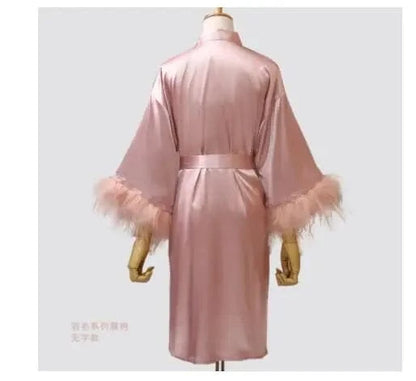 Women FEATHER Bride Bridesmaid Wedding Robe Satin Kimono Bathrobe Gown Nightwear Embroidery Letter Nightgown V-Neck Lingerie - A-1 Thread Vault