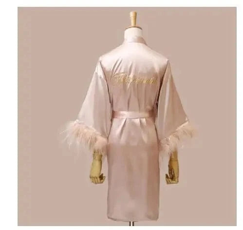 Women FEATHER Bride Bridesmaid Wedding Robe Satin Kimono Bathrobe Gown Nightwear Embroidery Letter Nightgown V-Neck Lingerie - A-1 Thread Vault