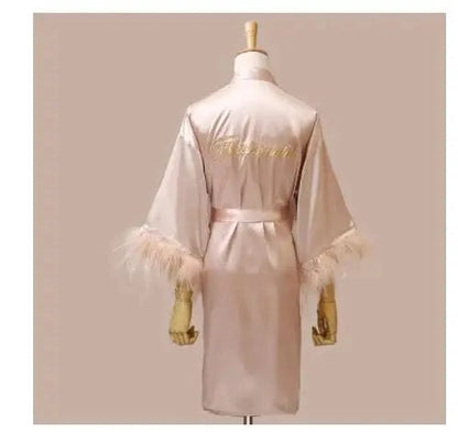 Women FEATHER Bride Bridesmaid Wedding Robe Satin Kimono Bathrobe Gown Nightwear Embroidery Letter Nightgown V-Neck Lingerie - A-1 Thread Vault