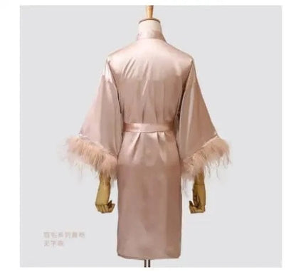 Women FEATHER Bride Bridesmaid Wedding Robe Satin Kimono Bathrobe Gown Nightwear Embroidery Letter Nightgown V-Neck Lingerie - A-1 Thread Vault