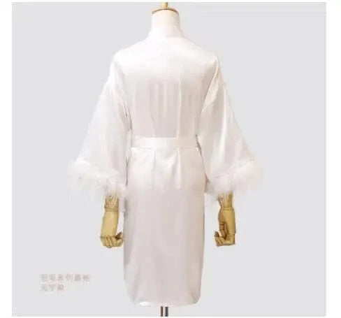 Women FEATHER Bride Bridesmaid Wedding Robe Satin Kimono Bathrobe Gown Nightwear Embroidery Letter Nightgown V-Neck Lingerie - A-1 Thread Vault
